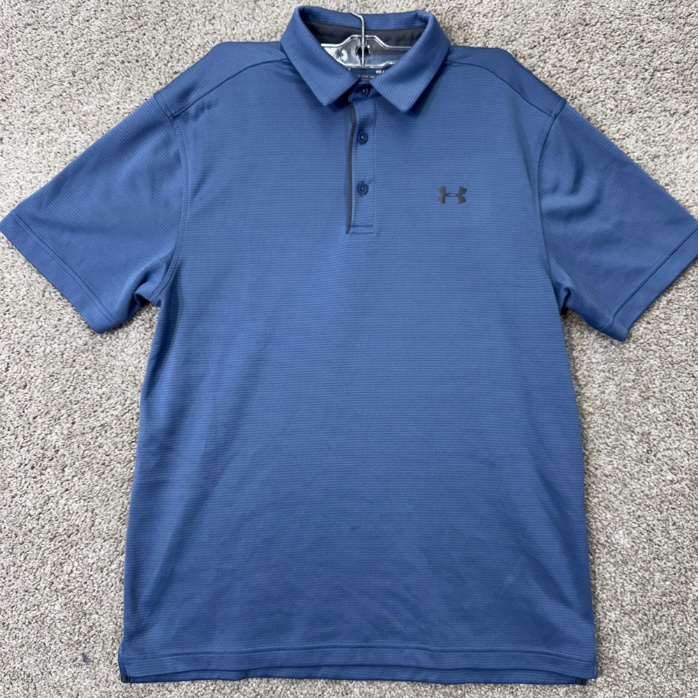 Under Armour Polo Shirt Mens Medium HeatGear Loose Fit Blue Button-Down EUC